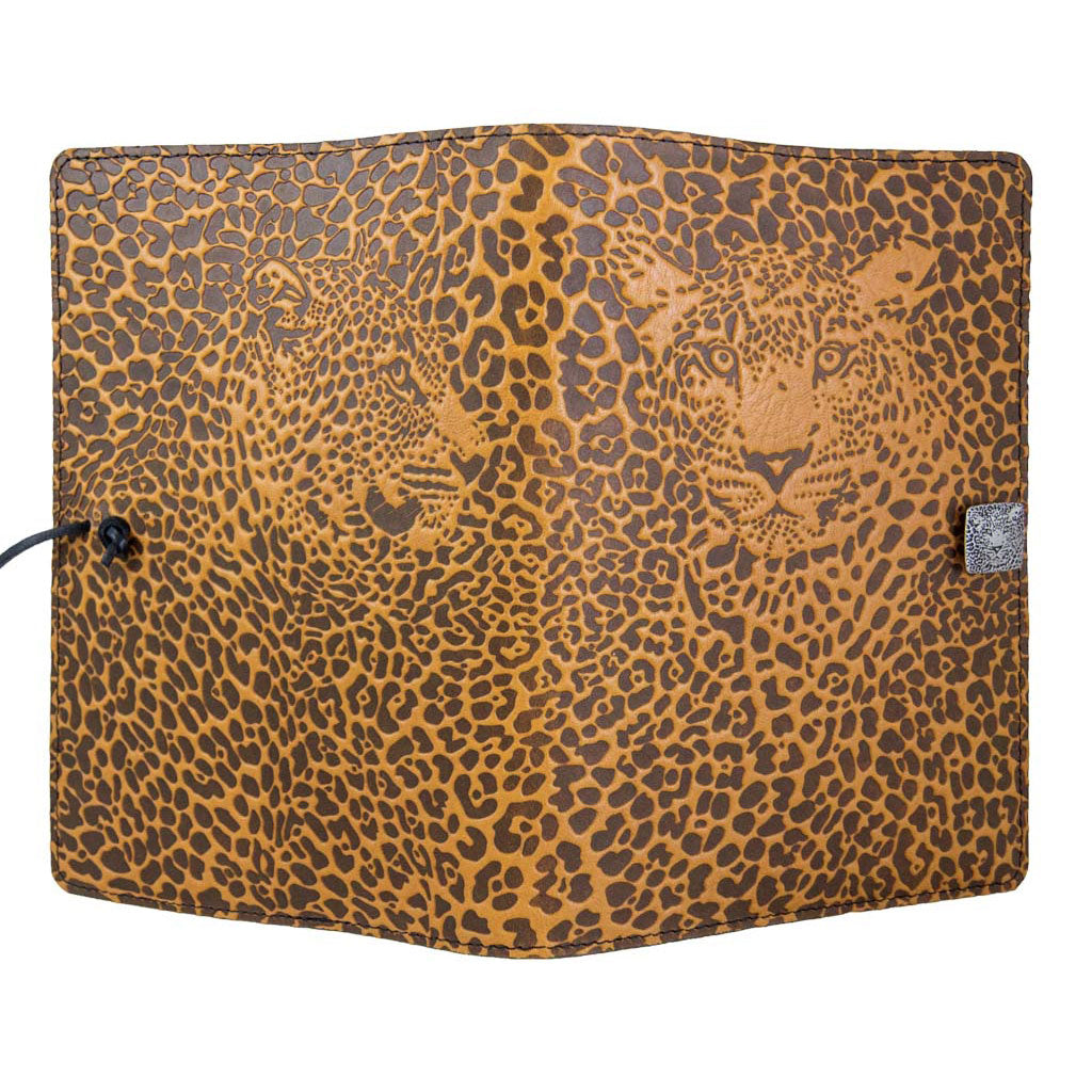 Oberon Design Large Refillable Leather Notebook Cover, Leopard, Marigold, Open