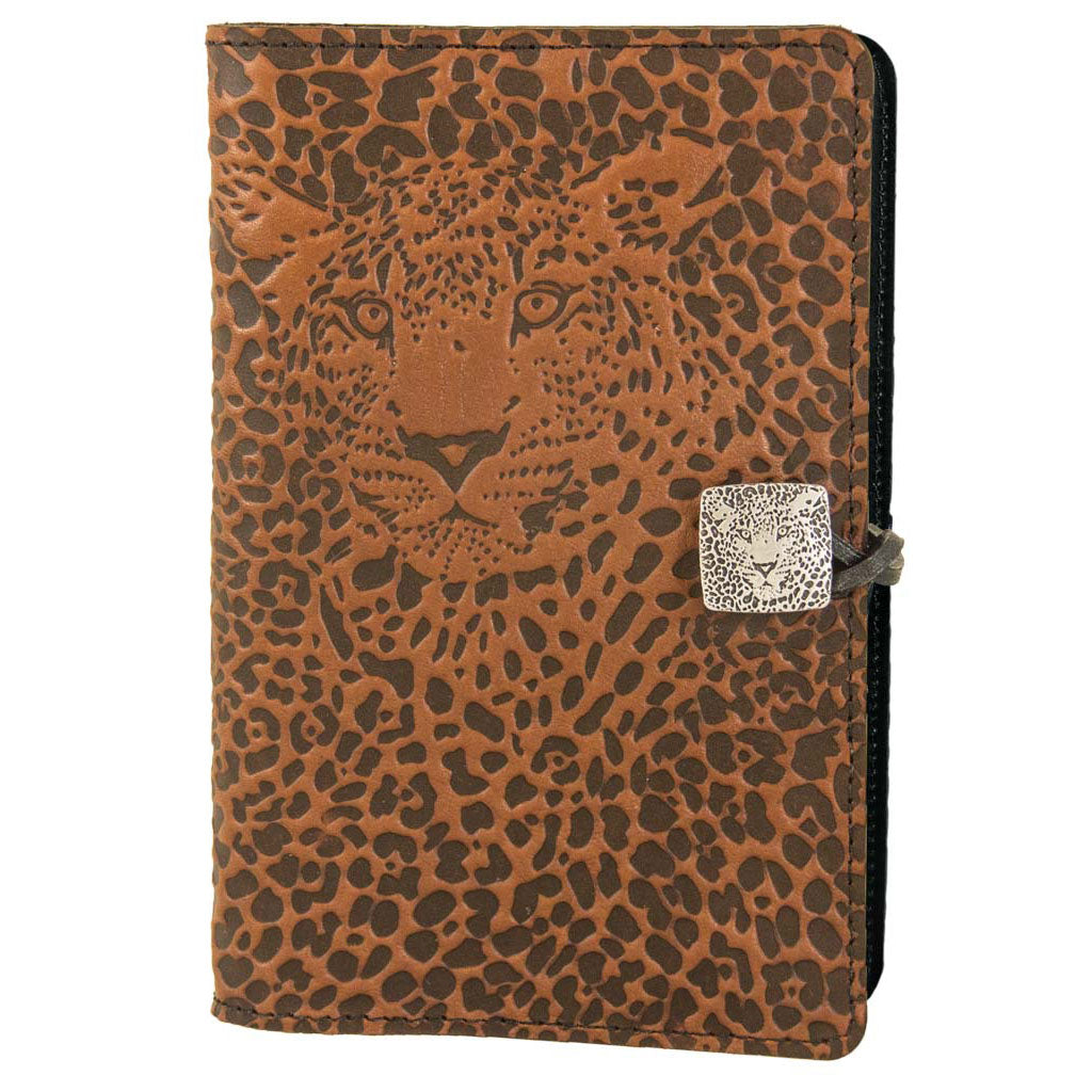Oberon Design Large Refillable Leather Notebook Cover, Leopard, Marigold