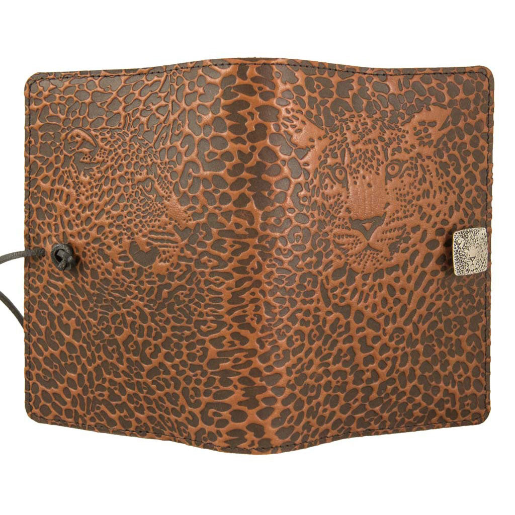 Oberon Design Large Refillable Leather Notebook Cover, Leopard, Saddle, Open