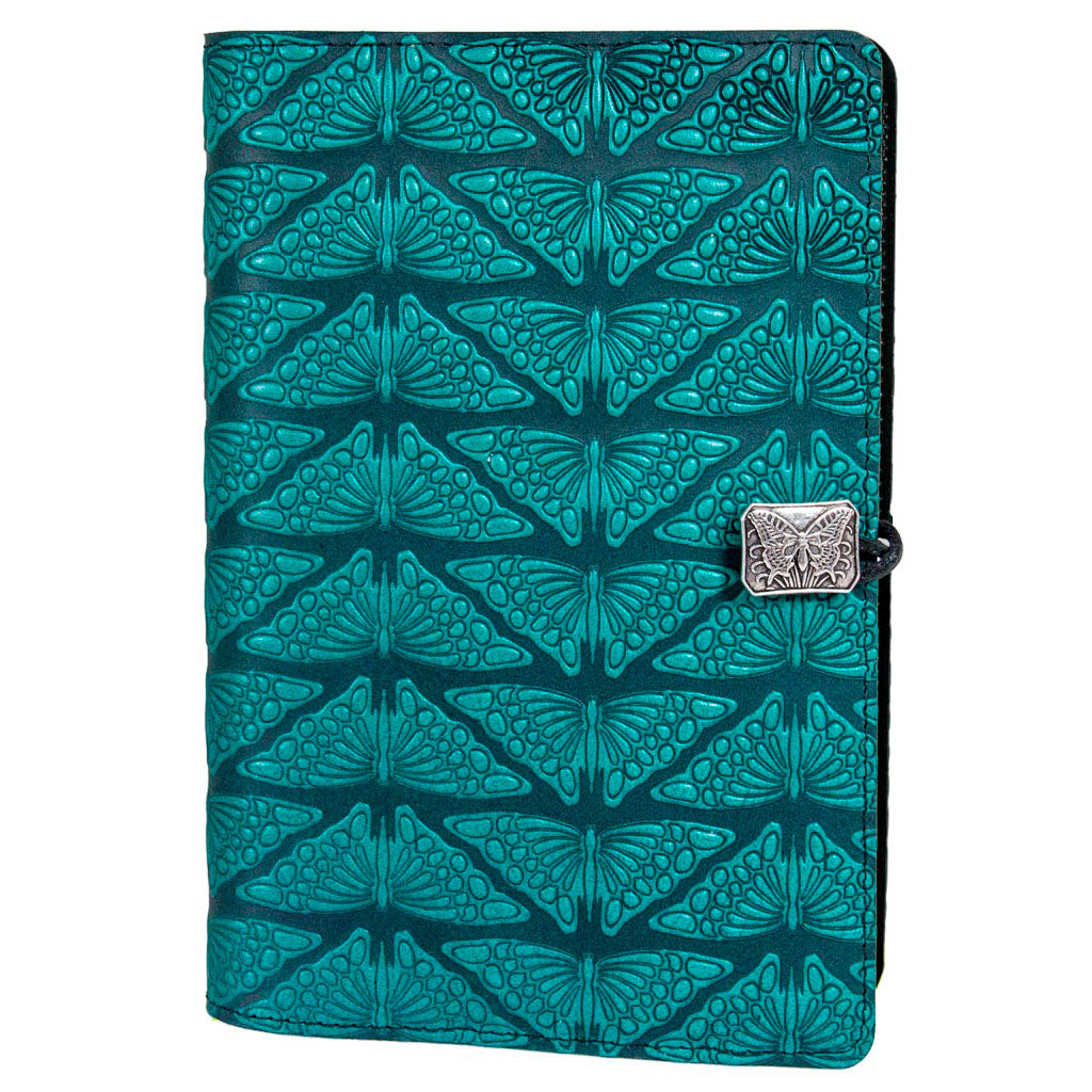 Oberon Design Refillable Large Leather Notebook Cover, Mariposas, Teal
