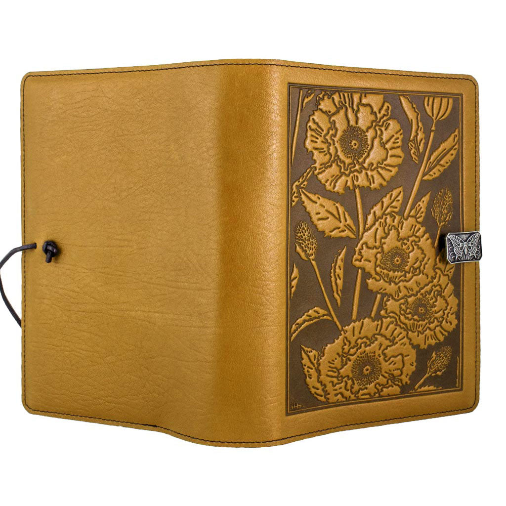 Oberon Design Refillable Large Leather Notebook Cover, Oriental Poppy, Marigold - Open