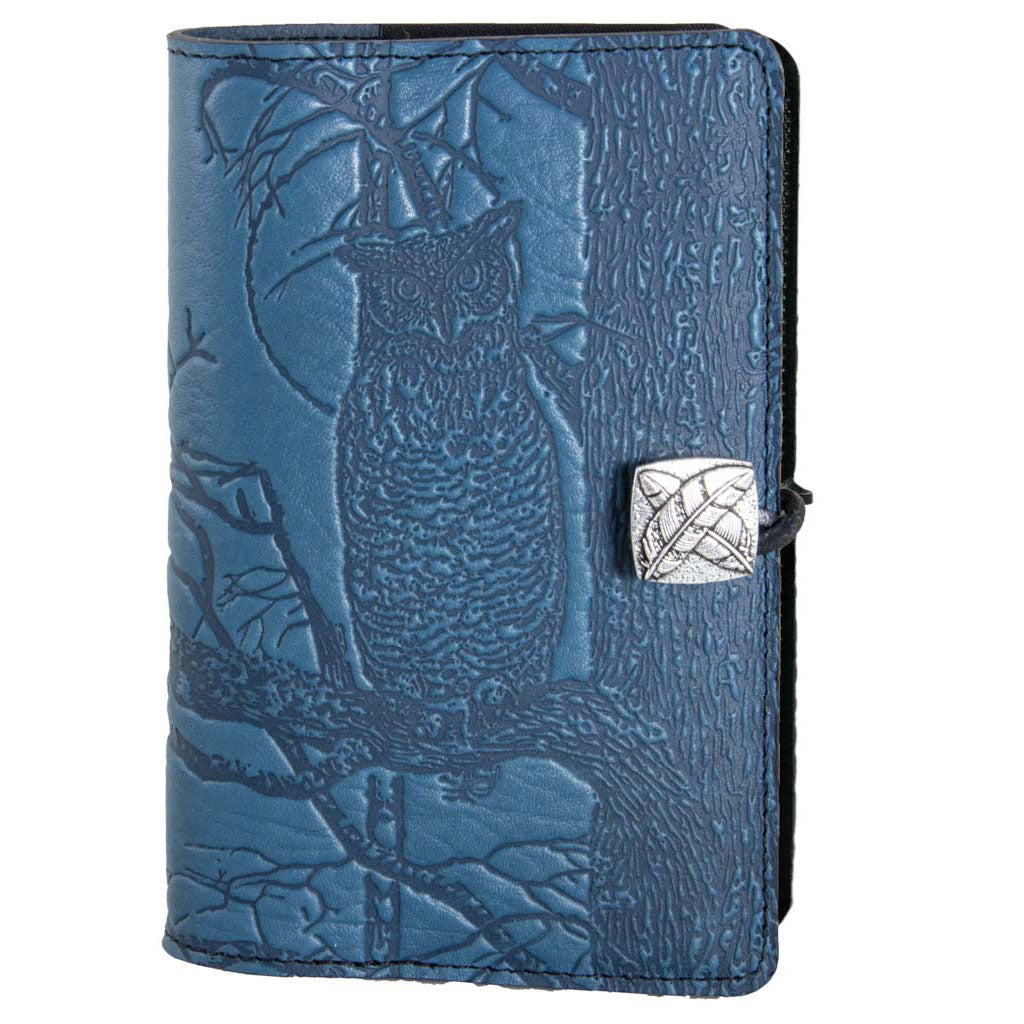 Oberon Design Large Refillable Leather Notebook Cover, Horned Owl, Blue