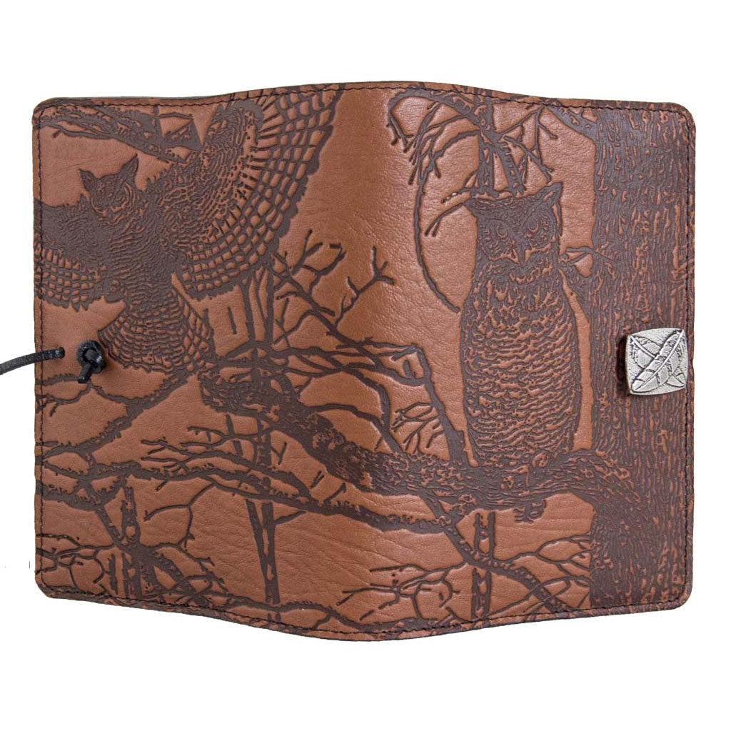 Oberon Design Large Refillable Leather Notebook Cover, Horned Owl, Saddle - Open
