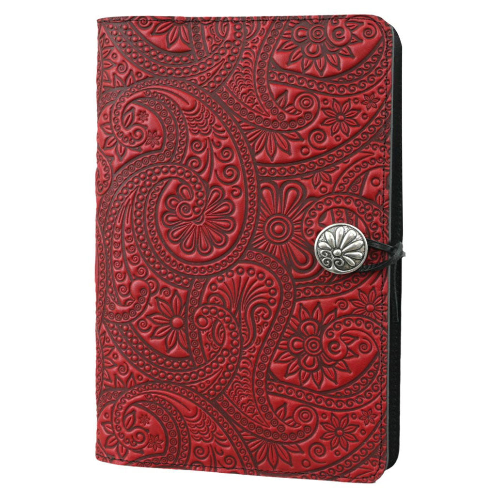 Oberon Design Large Leather Refillable Notebook Cover, Paisley, Red