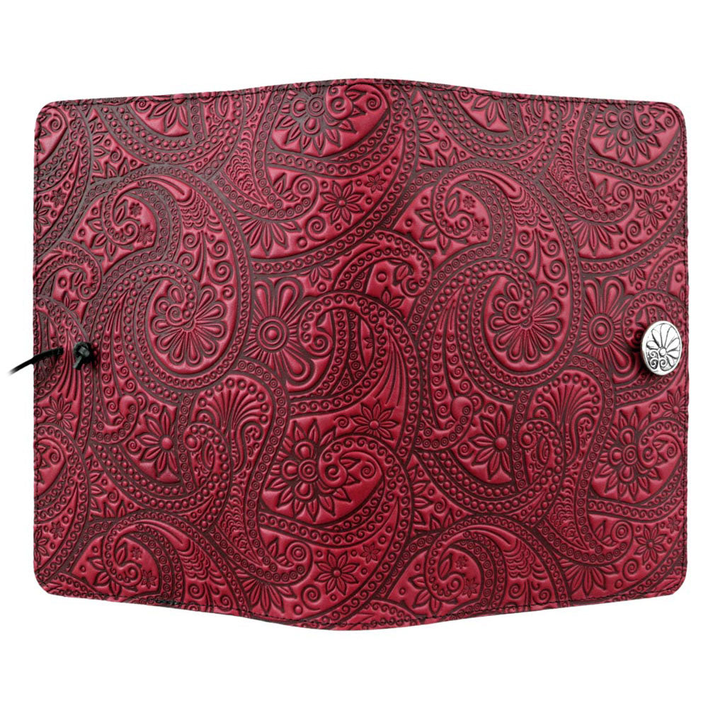 Oberon Design Large Leather Refillable Notebook Cover, Paisley, Red - Open