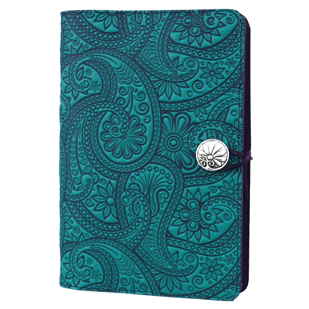 Oberon Design Large Leather Refillable Notebook Cover, Paisley, Teal