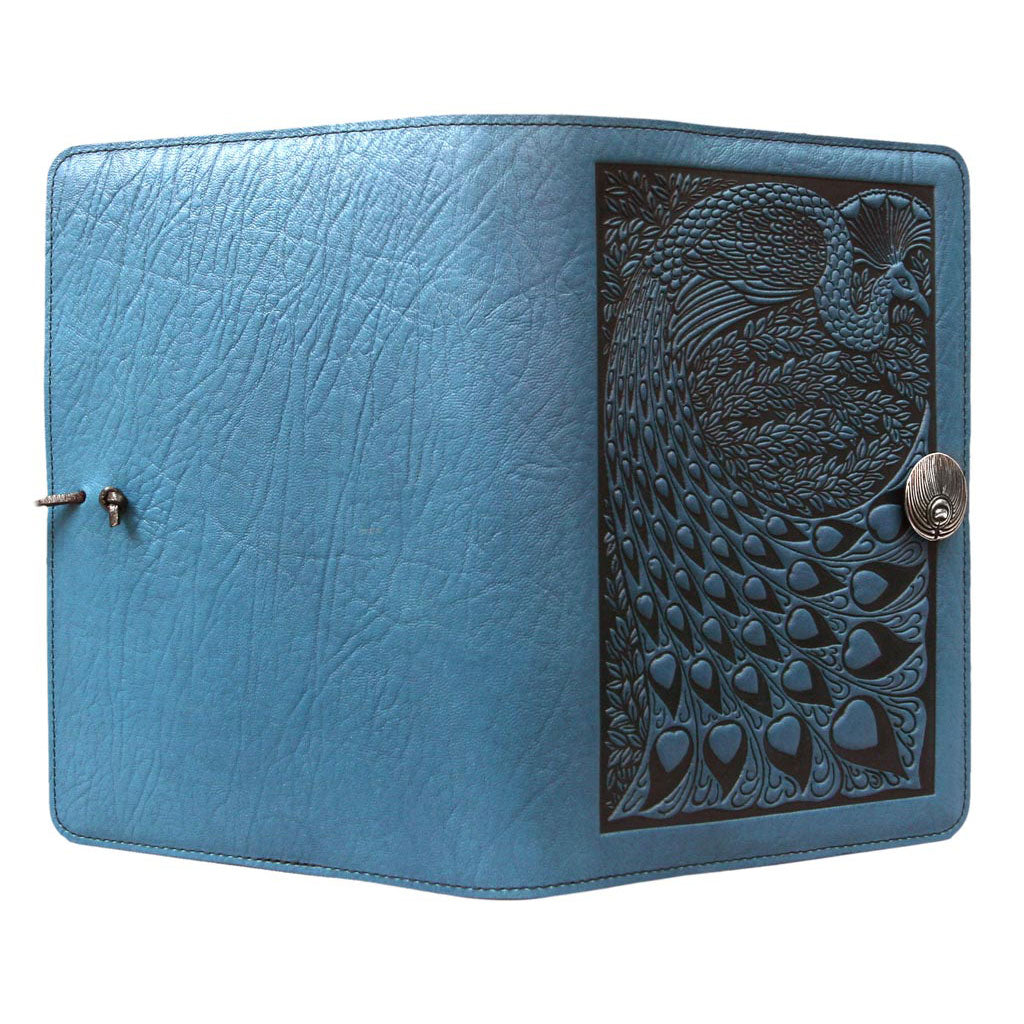 Oberon Design Refillable Large Leather Notebook Cover, Peacock, Blue - Open