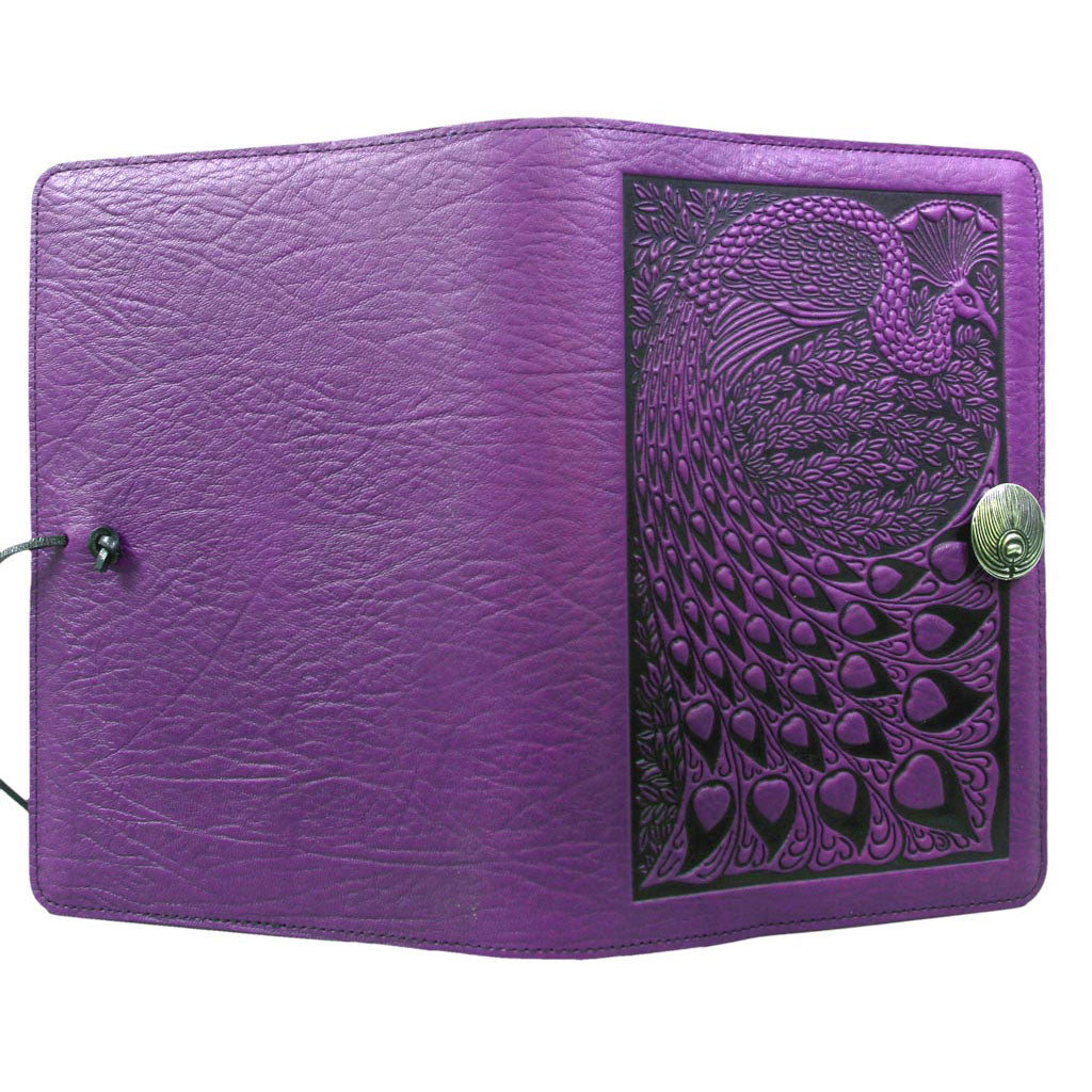 Oberon Design Refillable Large Leather Notebook Cover, Peacock, Orchid - Open