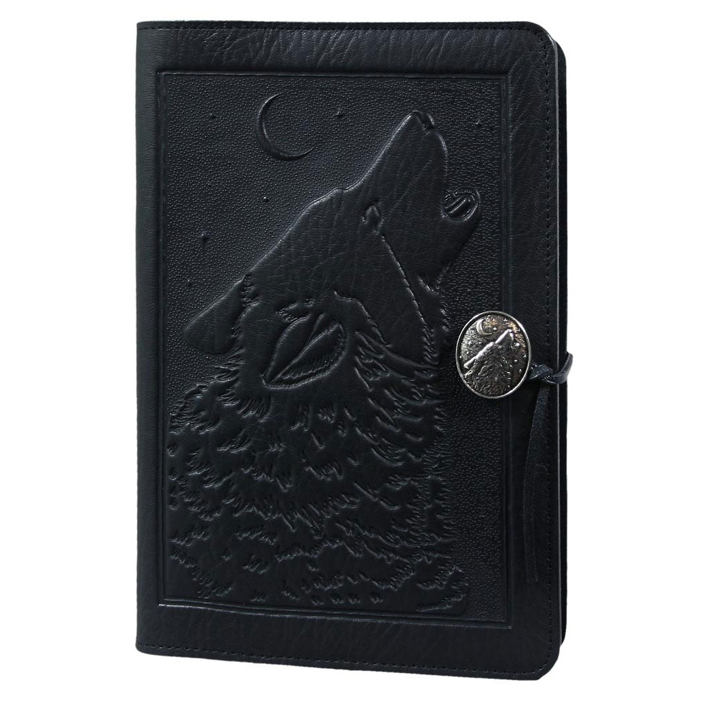 Oberon Design Refillable Large Leather Notebook Cover, Singing Wolf, Black