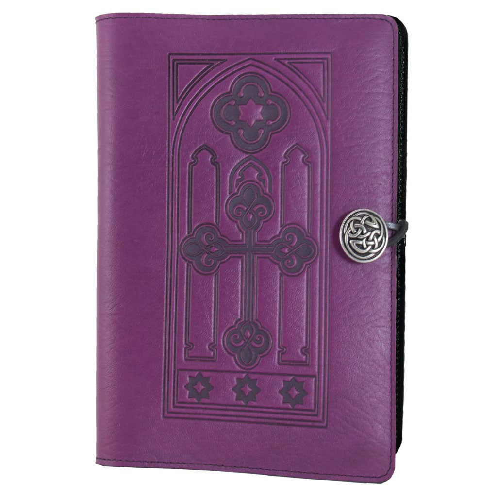 Oberon Design Refillable Large Leather Notebook Cover, Stained Glass, Orchid