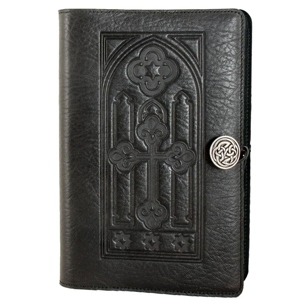 Oberon Design Refillable Large Leather Notebook Cover, Stained Glass, Black