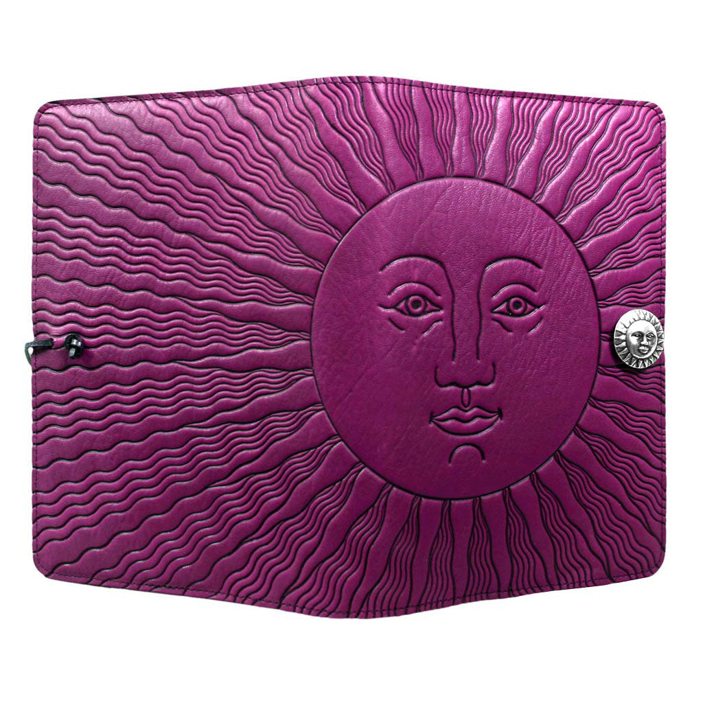 Oberon Design Refillable Large Leather Notebook Cover, Sun, Orchid - Open