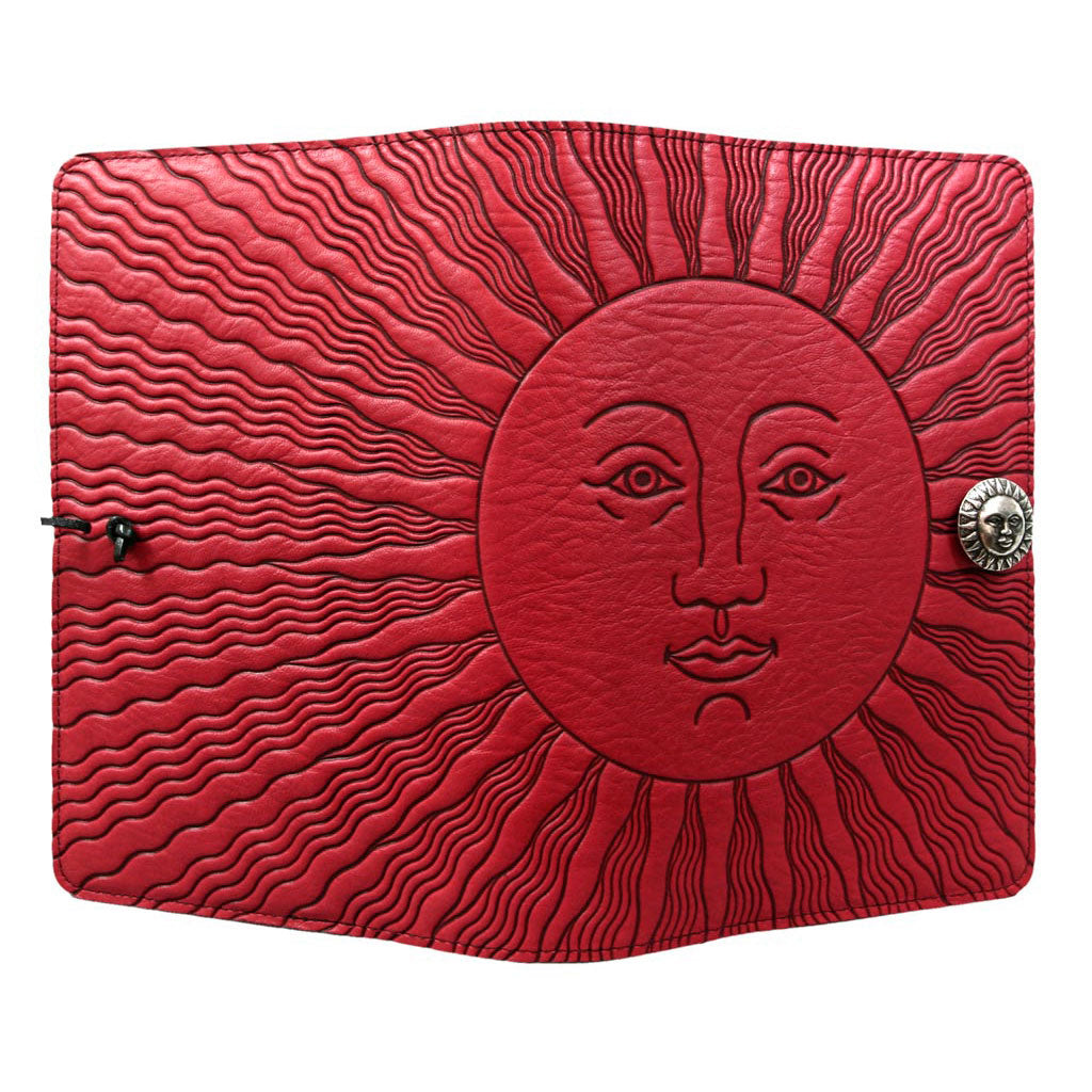 Oberon Design Refillable Large Leather Notebook Cover, Sun, Red - Open