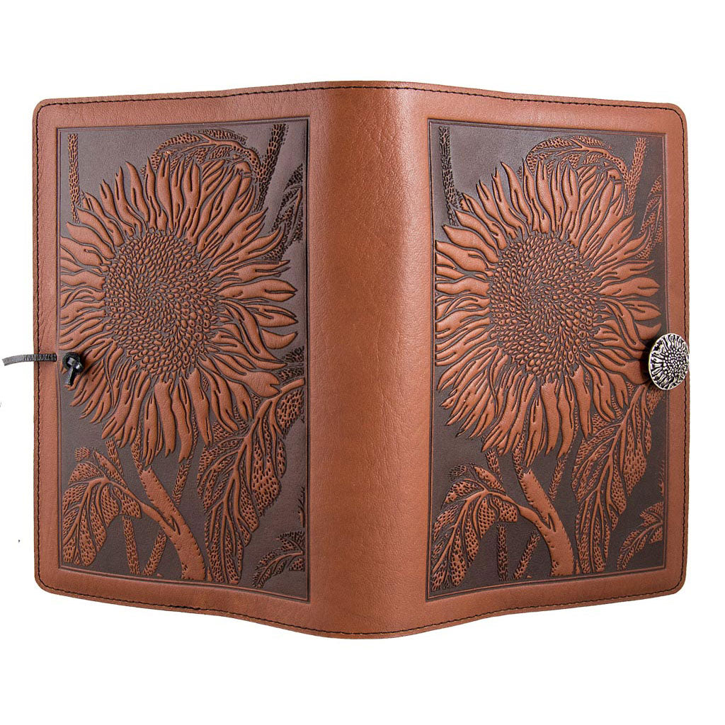 Oberon Design Refillable Large Leather Notebook Cover, Sunflower. Saddle - Open
