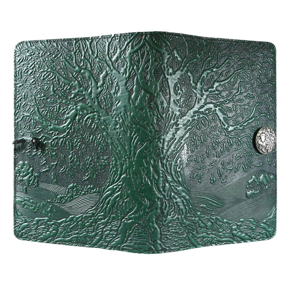 Oberon Design Refillable Large Leather Notebook Cover, Tree of Life, Green - Open