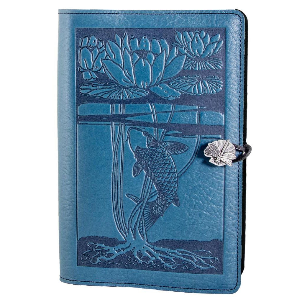 Oberon Design Refillable Large Leather Notebook Cover, Water Lily Koi, Blue