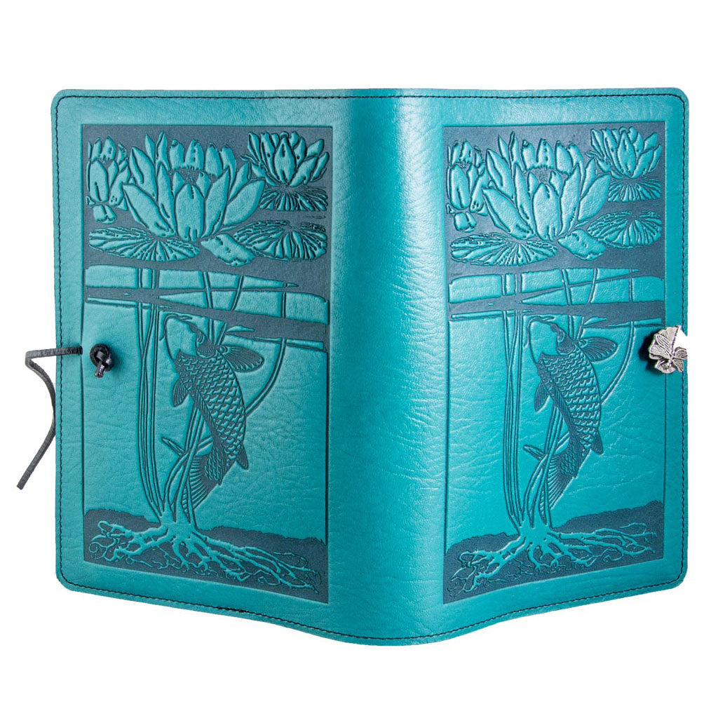 Oberon Design Refillable Large Leather Notebook Cover, Water Lily Koi, Teal - Open
