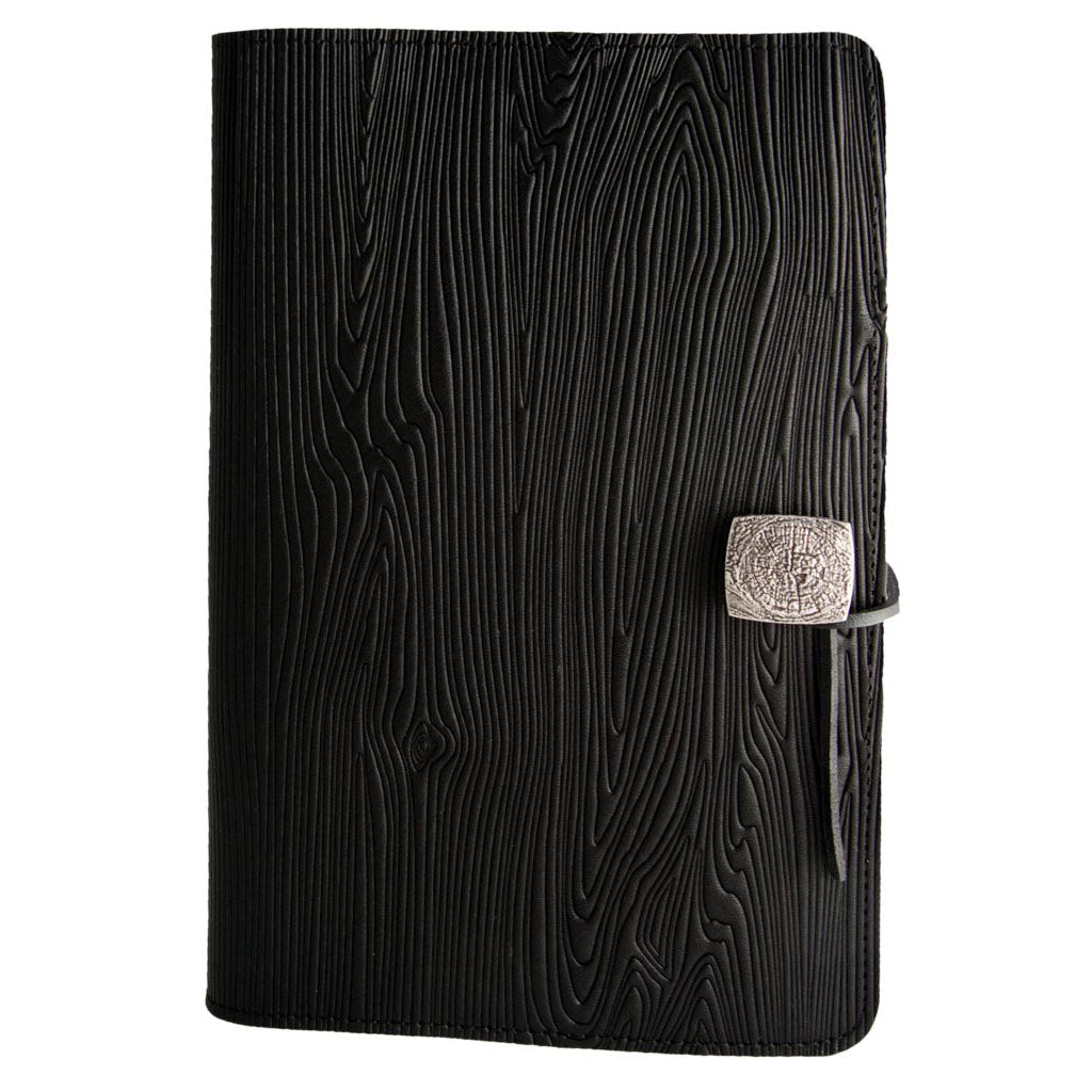 Oberon Design Refillable Large Leather Notebook Cover, Woodgrain,, Black