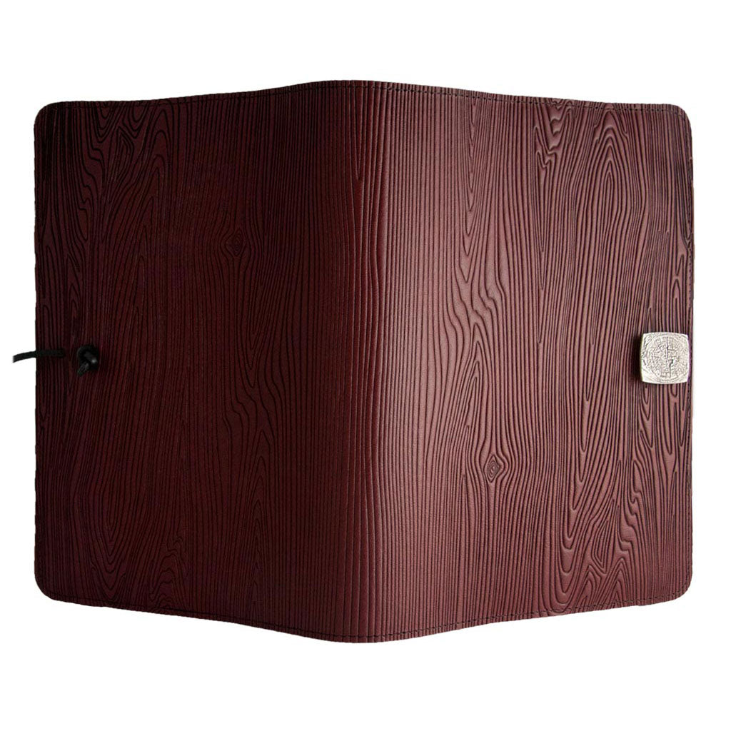 Oberon Design Refillable Large Leather Notebook Cover, Woodgrain, Wine, Open