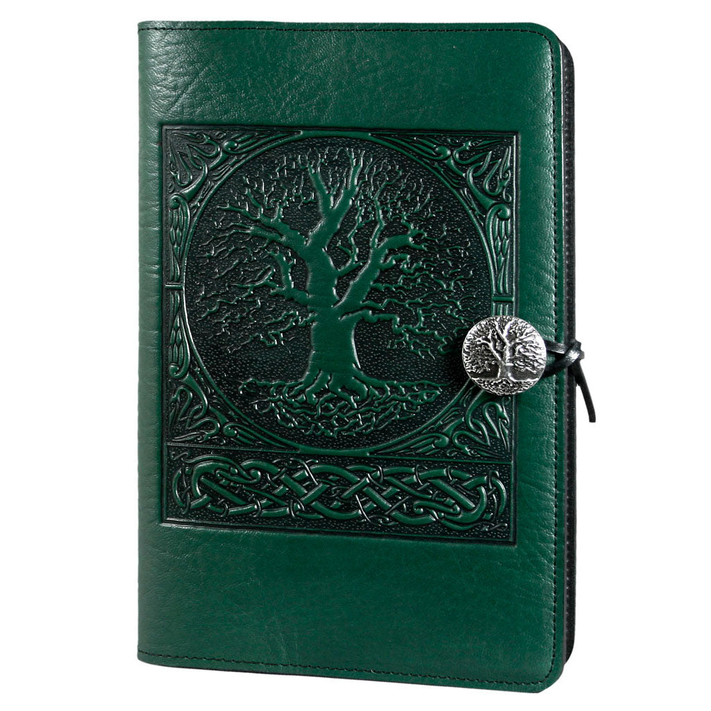Oberon Design Refillable Large Leather Notebook Cover, World Tree, Green
