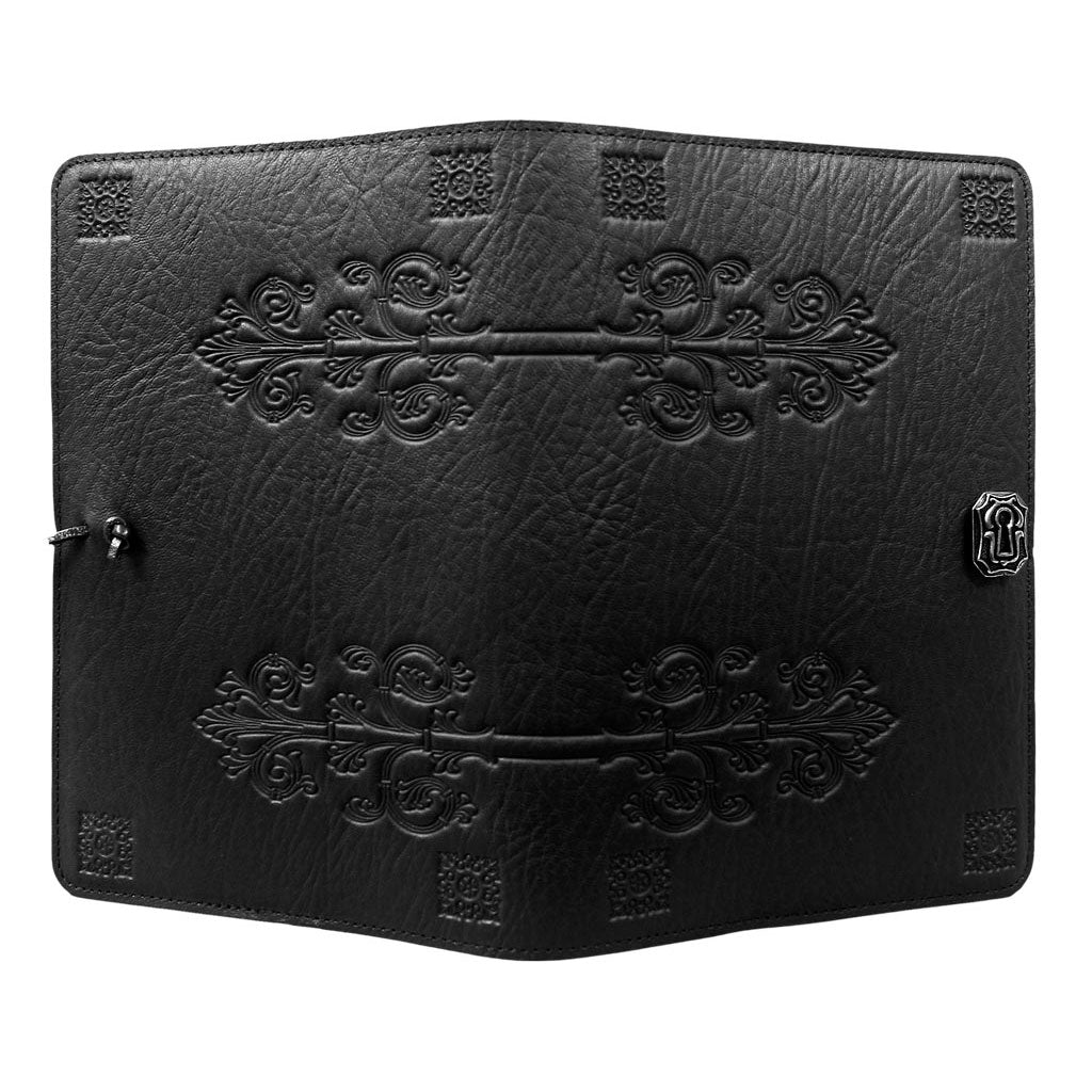 Oberon Design Large Refillable Leather Notebook Cover, da Vinci,Black - Open