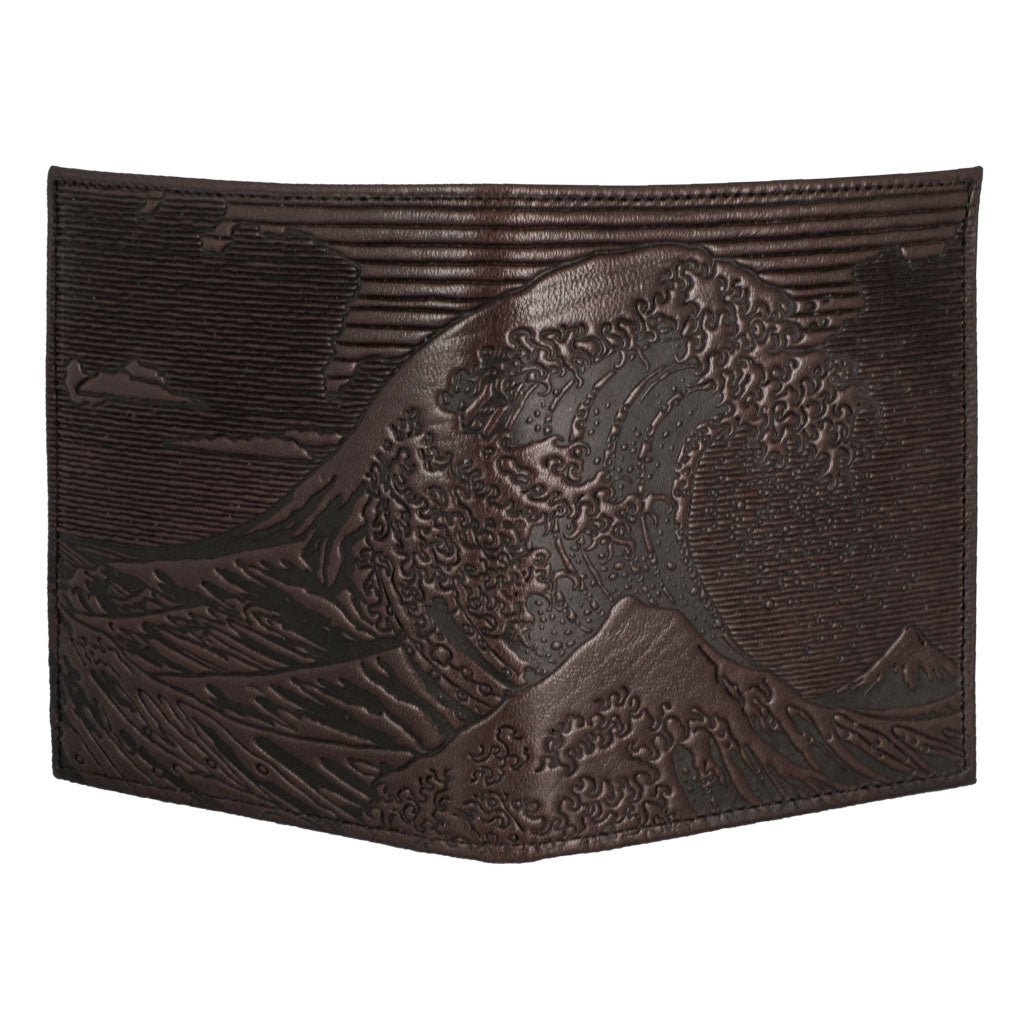Oberon Design Genuine Leather Traveler Passport Wallet, Hokusai Wave, Chocolate - Open