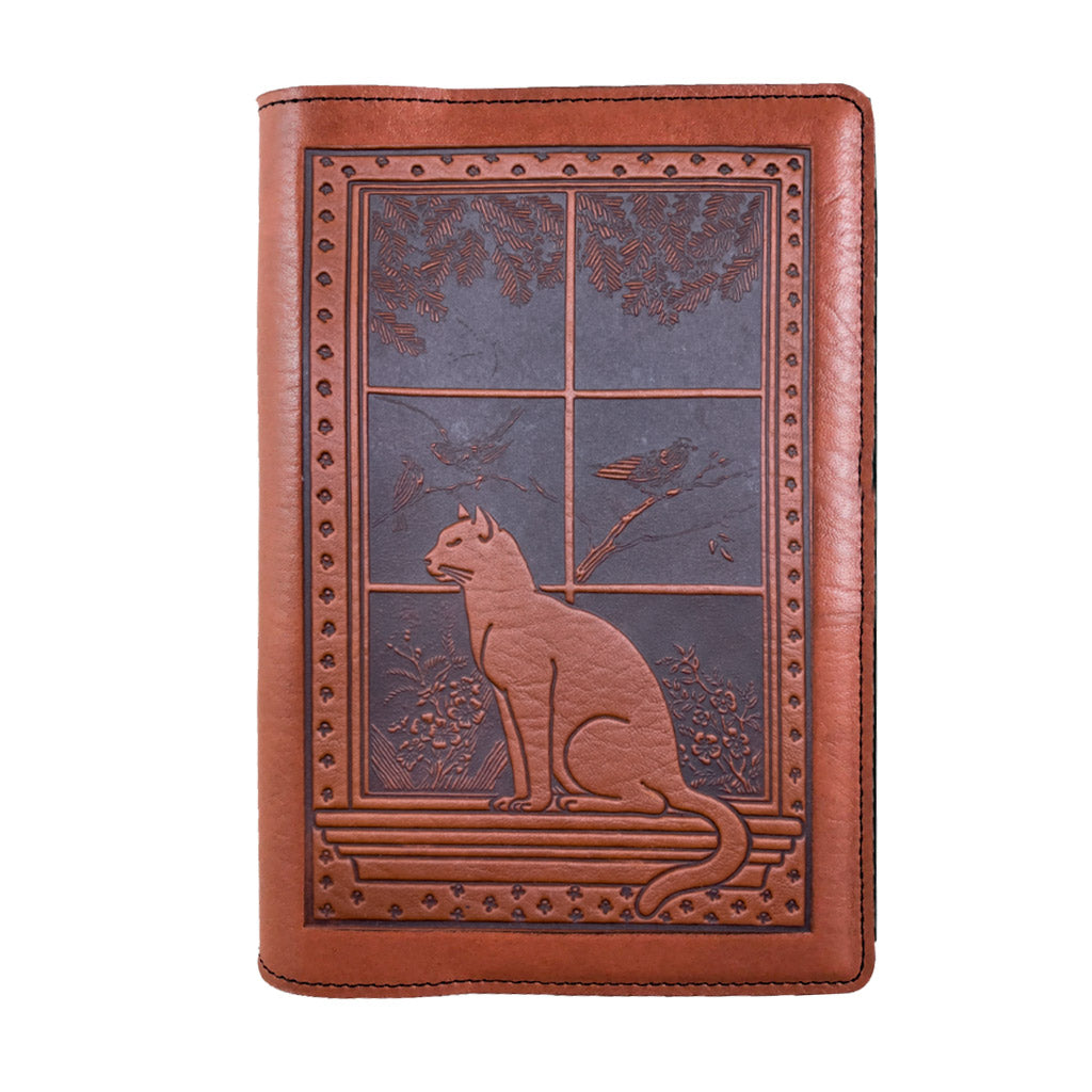Oberon Design Leather Pocket Notebook Cover, Cat in Window, Saddle