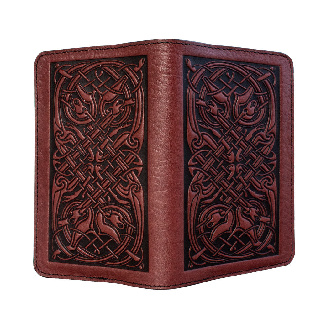 Oberon Design Celtic Hounds Refillable Leather Pocket Notebook Cover, Wine - Opem