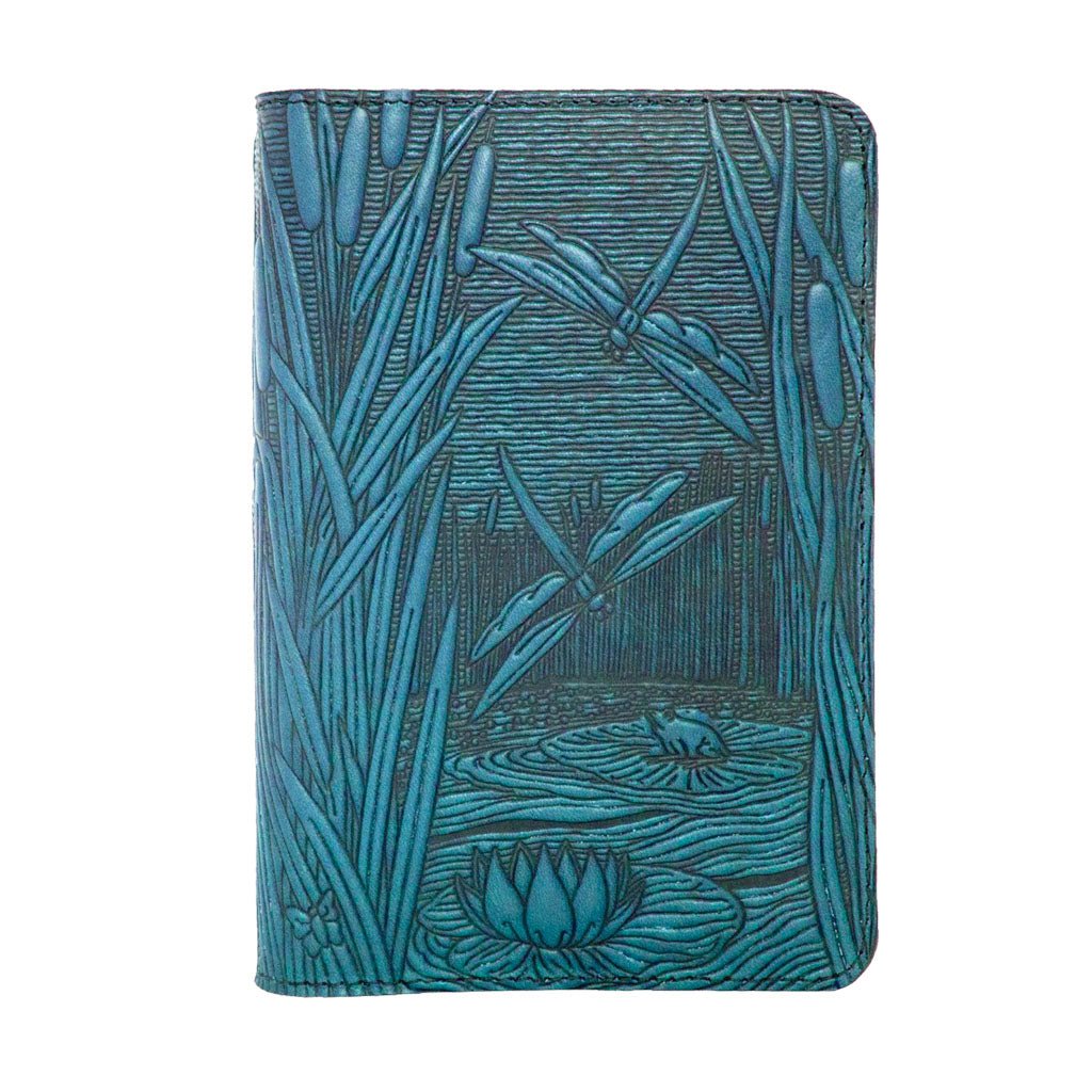 Oberon Design Refillable Leather Pocket Notebook Cover, Dragonfly Pond, Blue