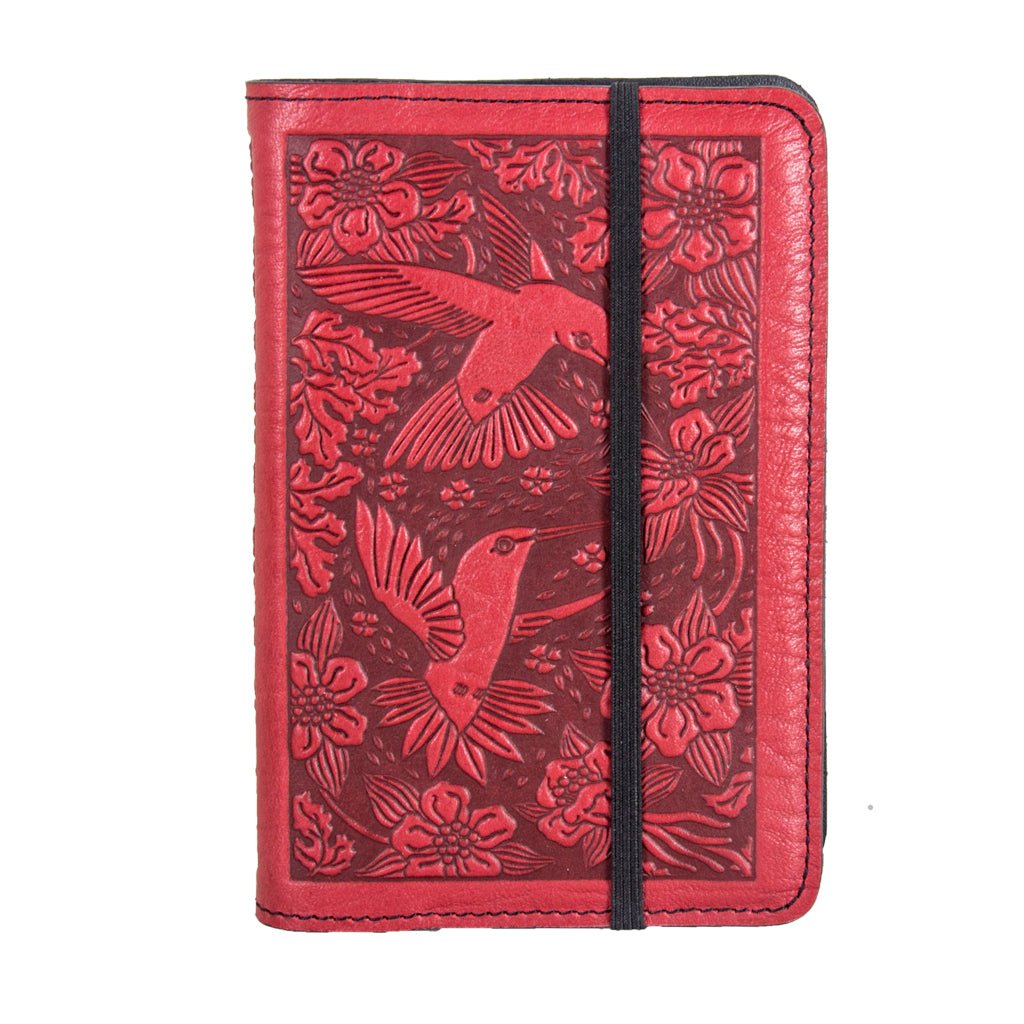 Oberon Design Hummingbird Refillable Leather Pocket Notebook Cover, Red, Strap Closure