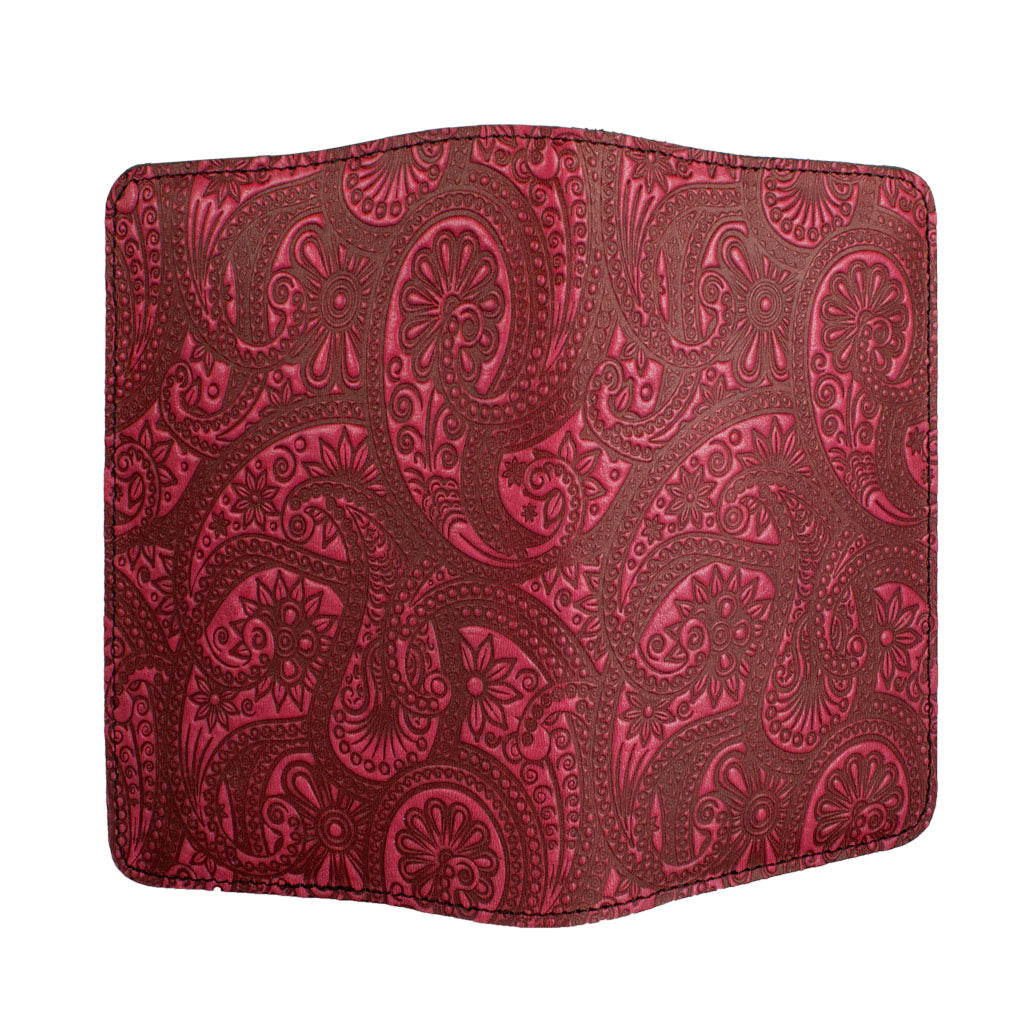 Oberon Design Refillable Leather Pocket Notebook Cover, Paisley, Red - Open