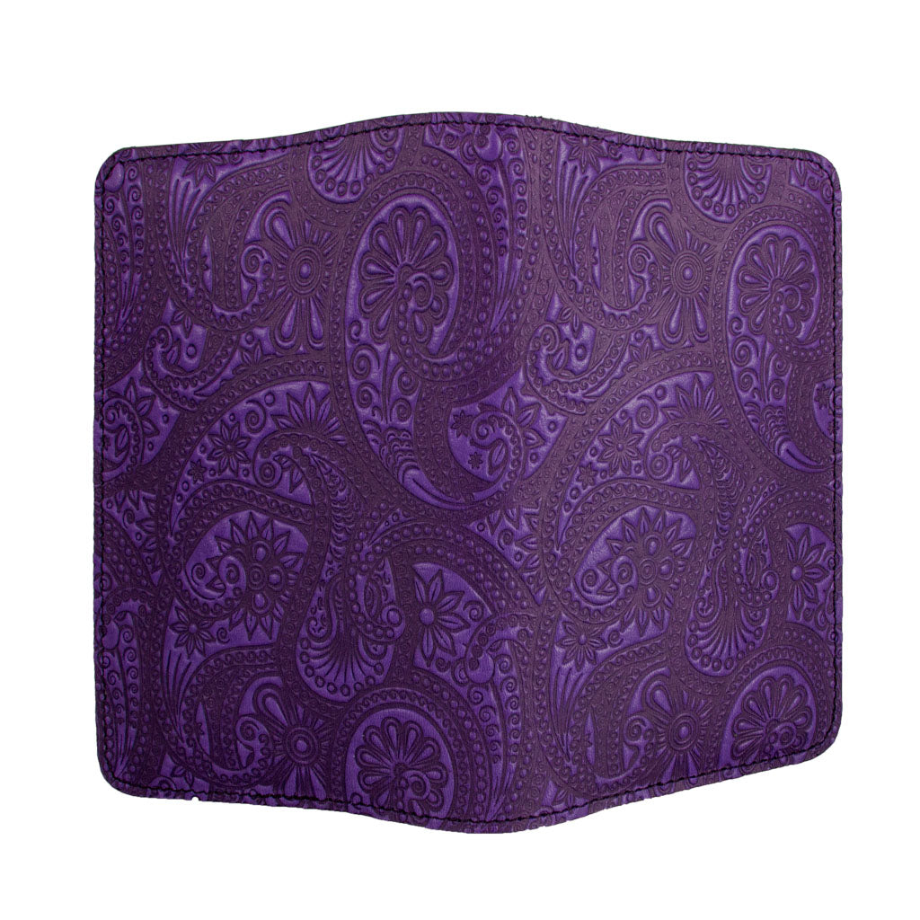 Oberon Design Refillable Leather Pocket Notebook Cover, Paisley, Orchid - Open