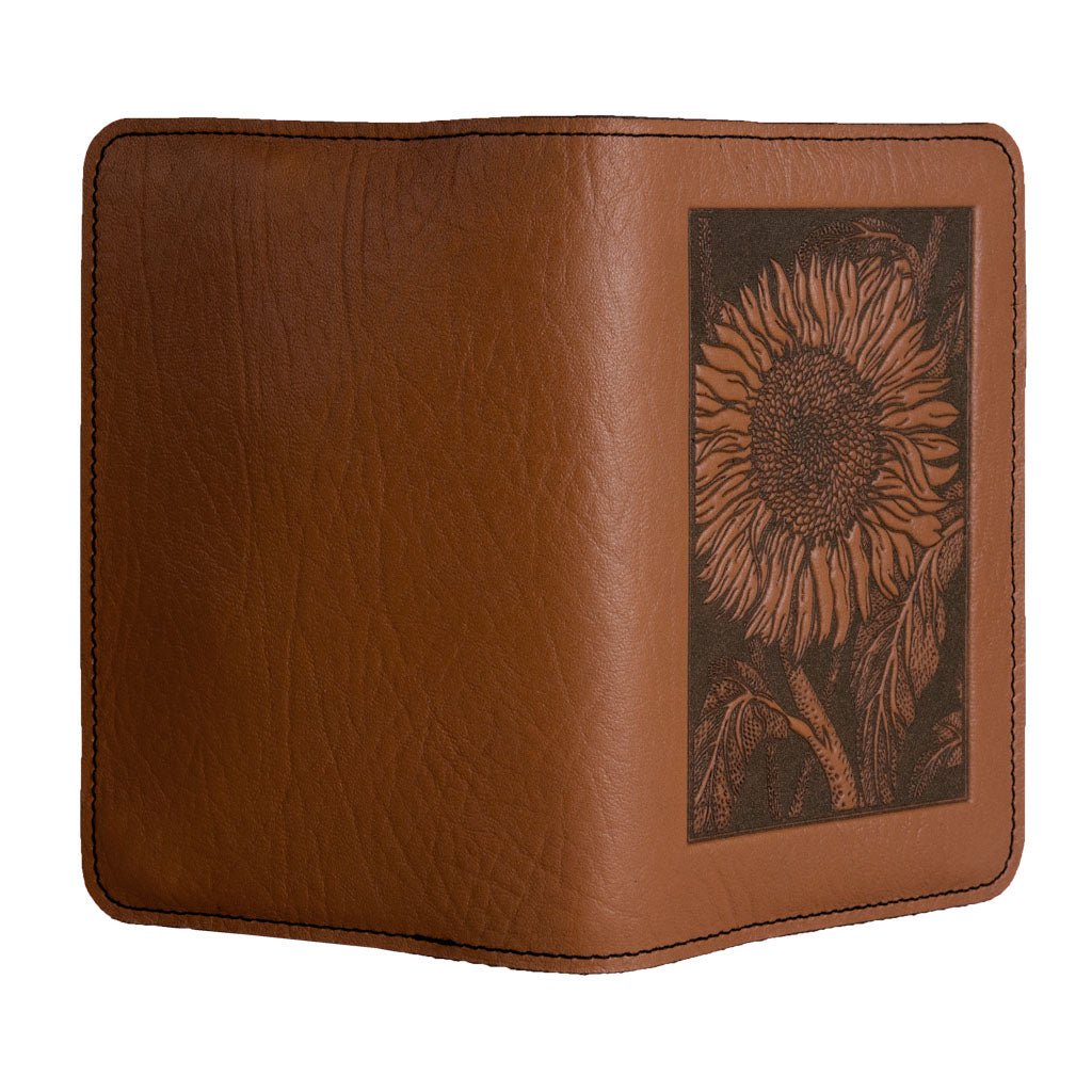 Oberon Design Refillable Leather Pocket Notebook Cover, Sunflower, Saddle - Open