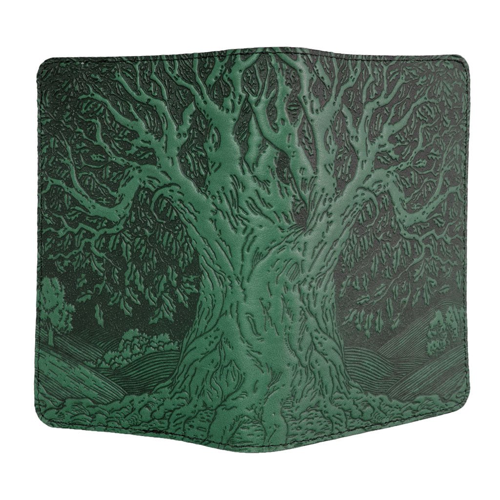 Oberon Design Refillable Leather Pocket Notebook Cover, Tree of Life, Green - Open