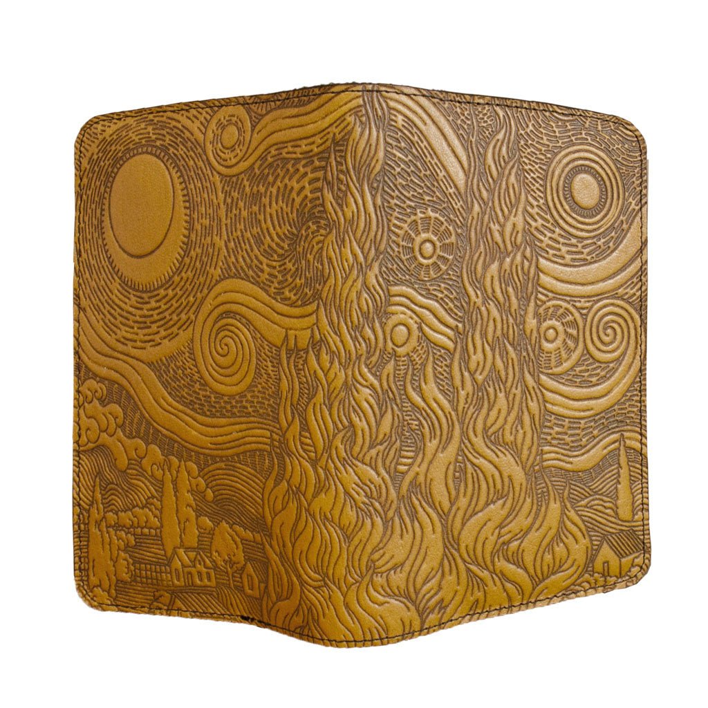 Oberon Design Refillable Leather Pocket Notebook Cover, Van Gogh Sky, Mariigold - Open