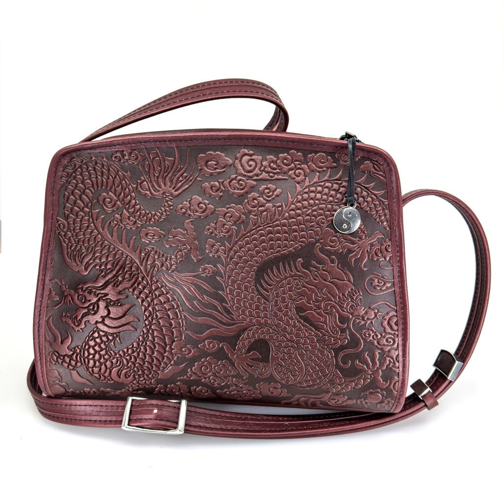 Oberon Design Leather Women&#39;s Handbag, Cloud Dragon Retro Crossbody, WIne
