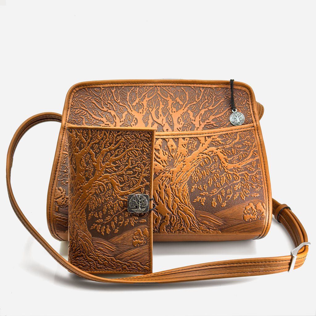 Oberon Design Leather Handbag, Tree of Life Retro Crossbody with Matching Wallet