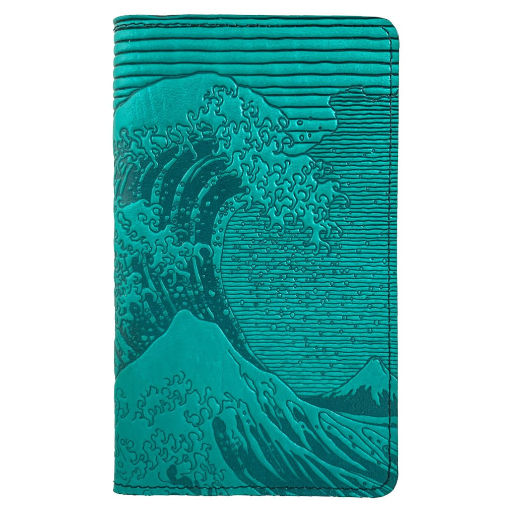 Oberon Design Large Leather Smartphone Wallet, Hokusai Wave, Teal