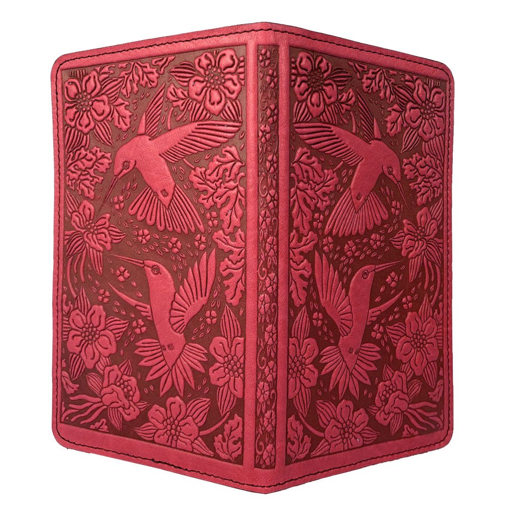 Oberon Design Large Leather Smartphone Wallet, Hummingbirds, Red - Open