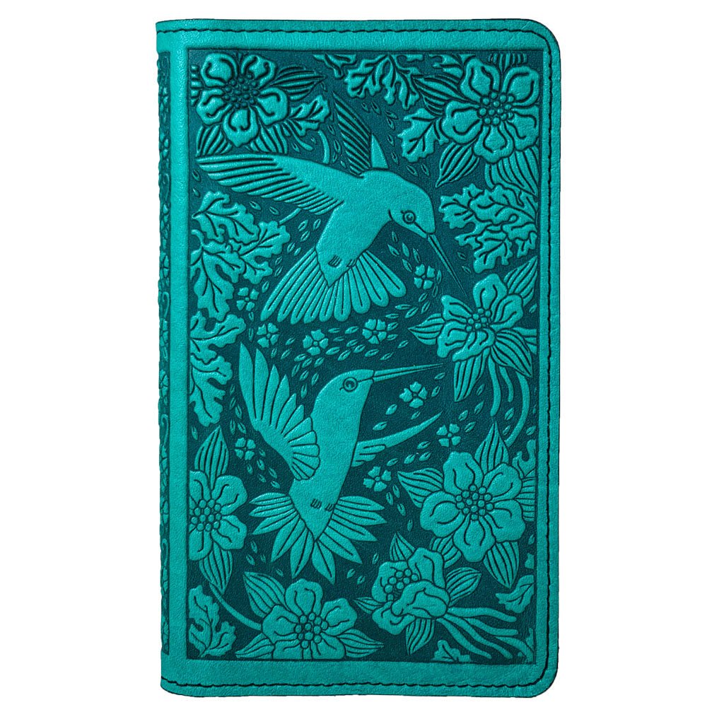 Oberon Design Large Leather Smartphone Wallet, Hummingbirds, Teal