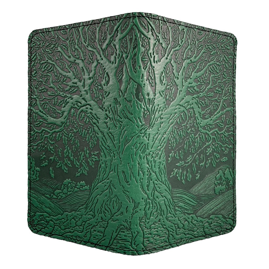 Oberon Design Large Leather Smartphone Wallet, Tree of Life, Green - Open