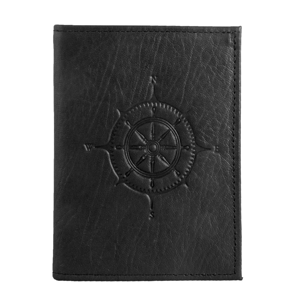 Oberon Design Genuine Leather Traveler Passport Wallet, Compass Rose, Black