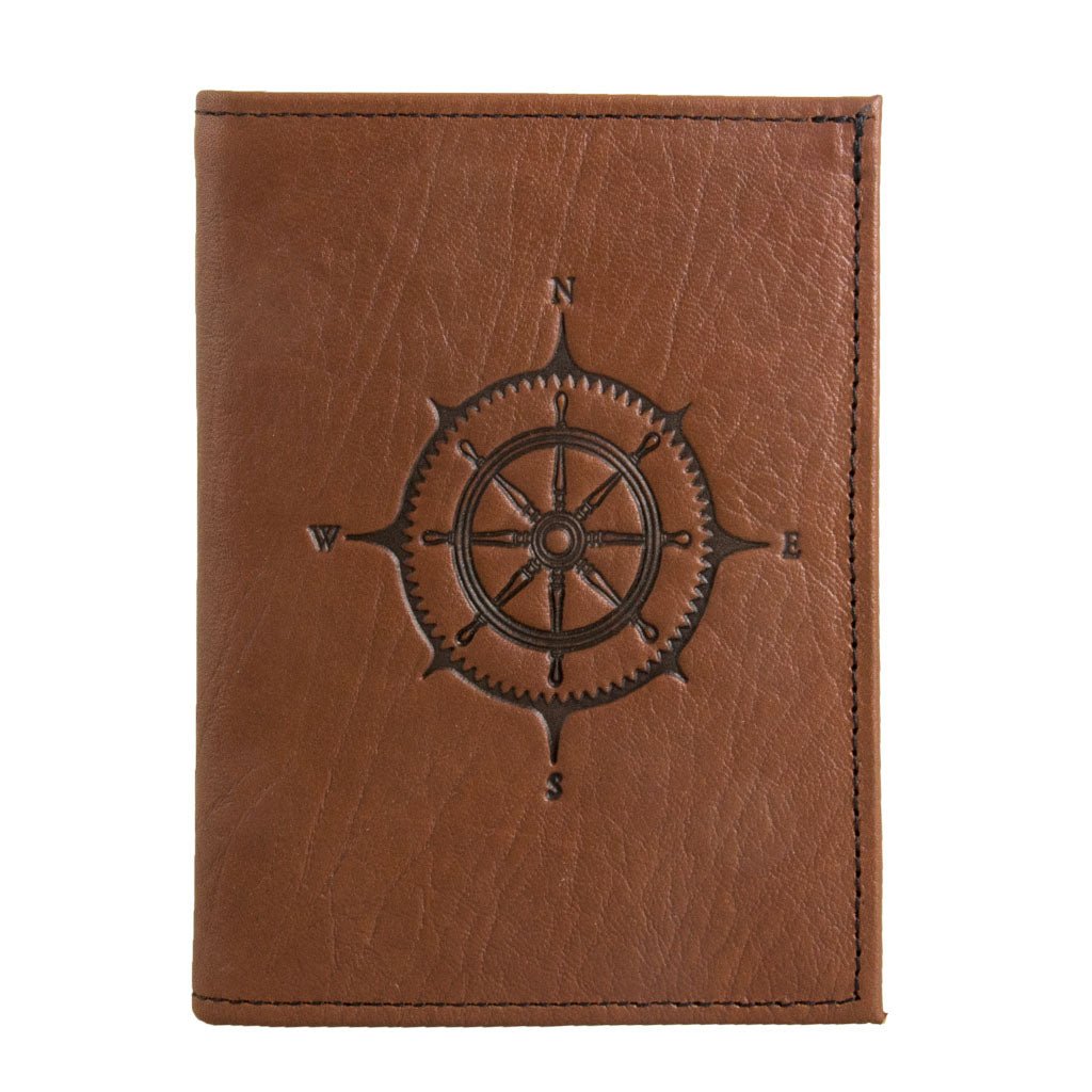 Oberon Design Genuine Leather Traveler Passport Wallet, Compass Rose, Black
