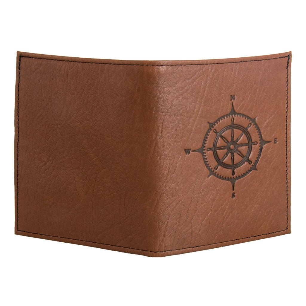 Oberon Design Genuine Leather Traveler Passport Wallet, Compass Rose, Saddle - Open