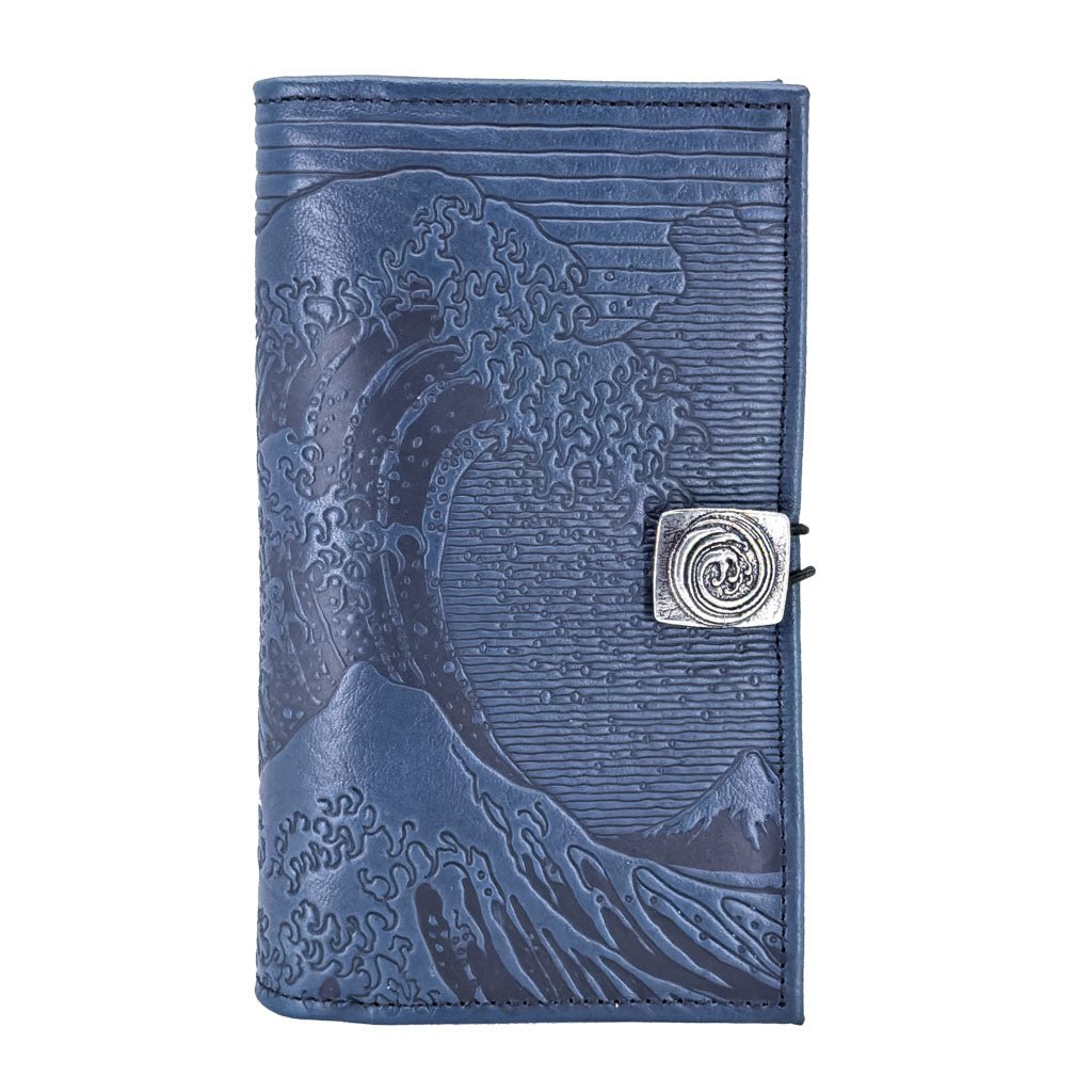 Oberon Design Premium Leather Women's Wallet, Hokusai Wave, Navy