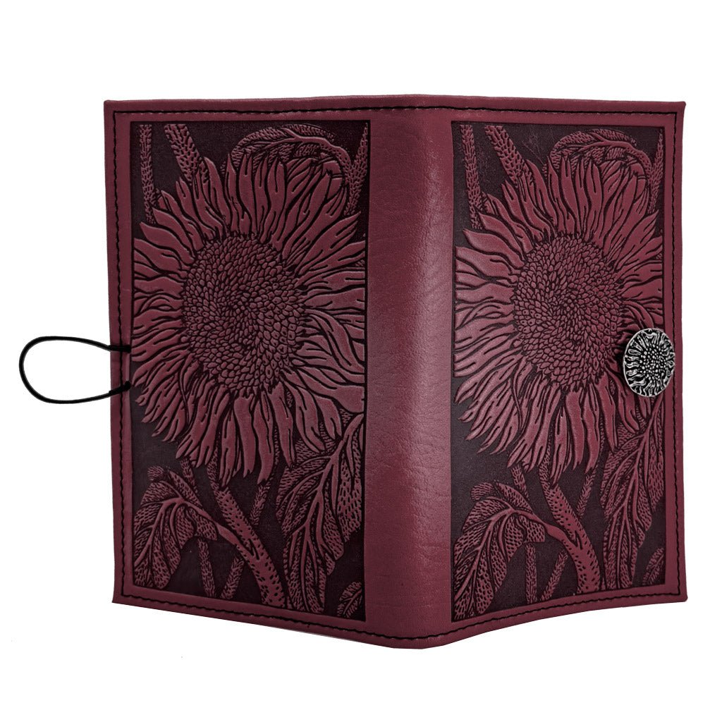 Oberon Design Premium Leather Women&#39;s Wallet, Sunflower, Wine - Open
