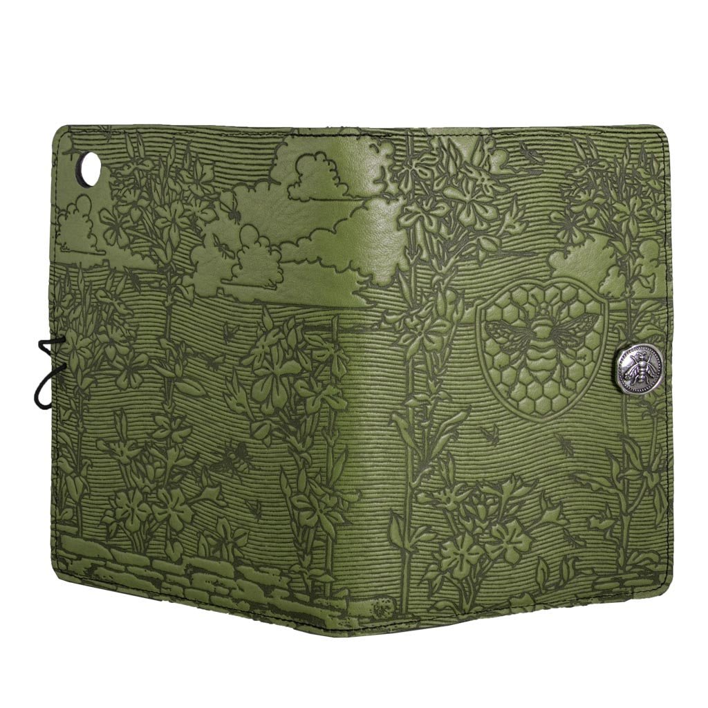 Oberon Design Leather iPad Mini Cover, Case, Bee Garden, Fern - Open