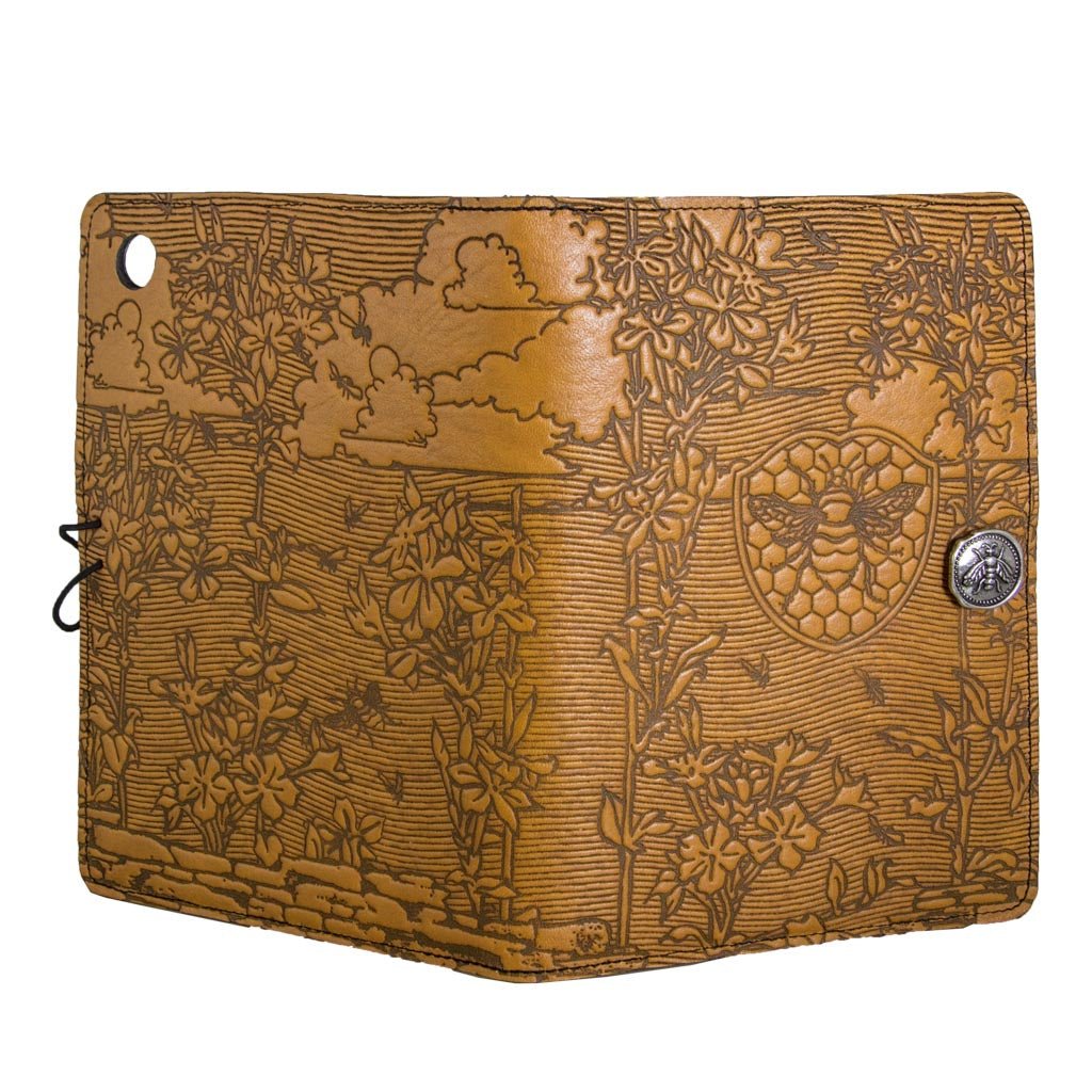 Oberon Design Leather iPad Mini Cover, Case, Bee Garden, Marigold - Open