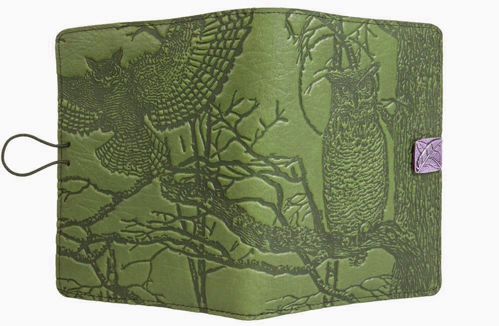 Genuine leather cover, case for Kindle e-Readers, Horned Owl, Fern - Open