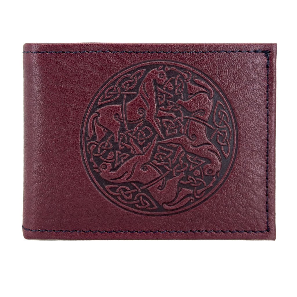 Oberon Design Leather Men&#39;s Wallet, Celtic Horses, Wine